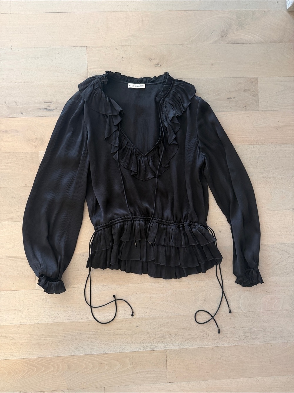 Ulla Johnson 100% Silk Black Ruffled V-Neck Long Sleeve Cinch Waist Blouse